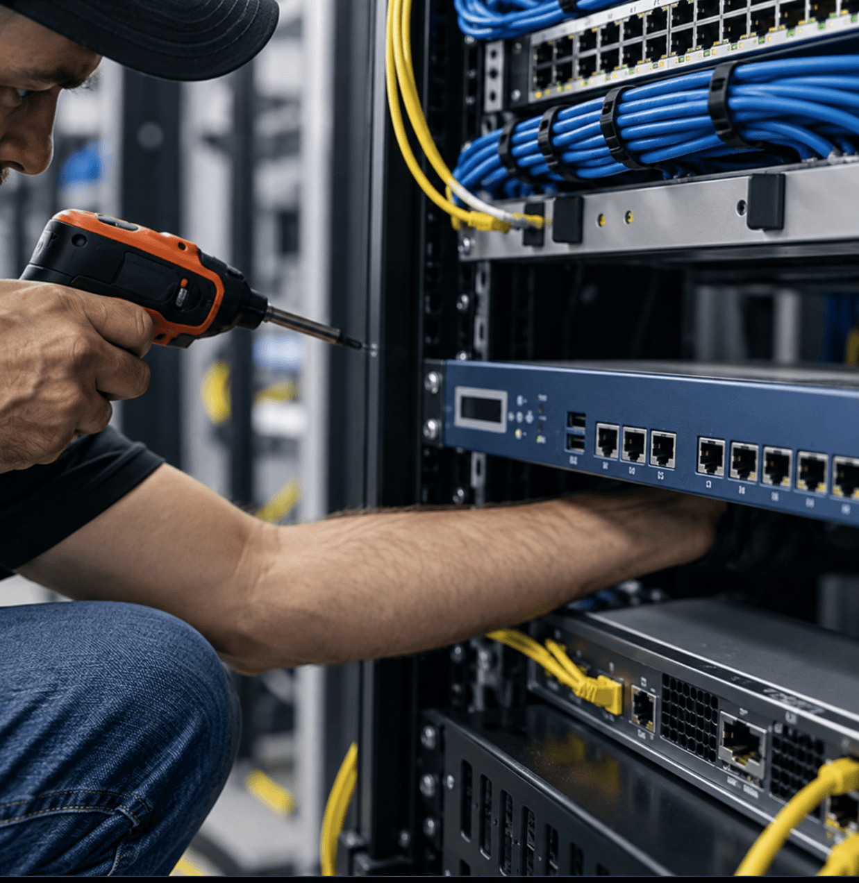 Technician installing network equipment in a commercial rack